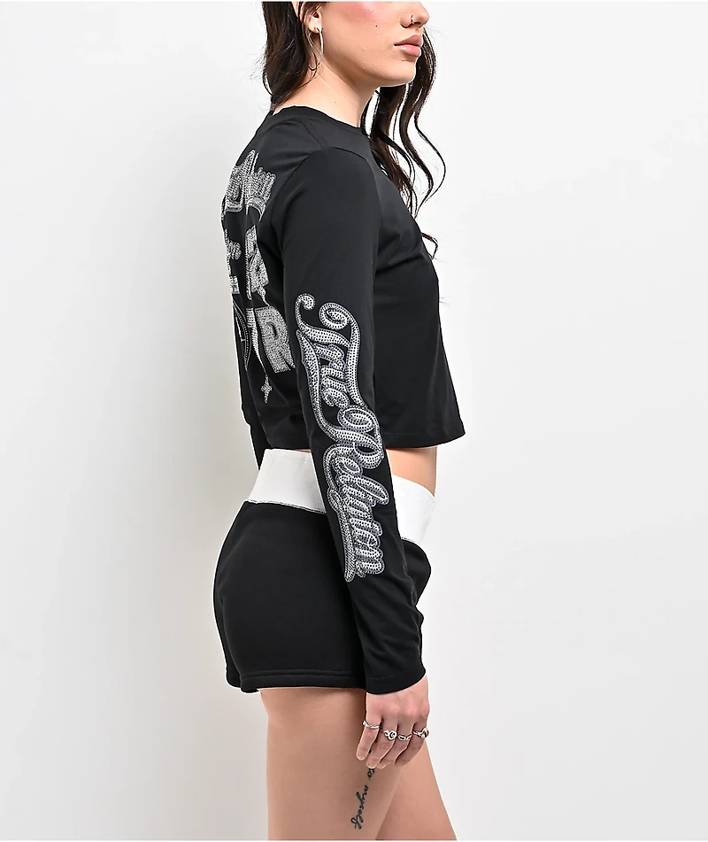 True Religion Crystal Sporty Black Long Sleeve Crop T-Shirt
