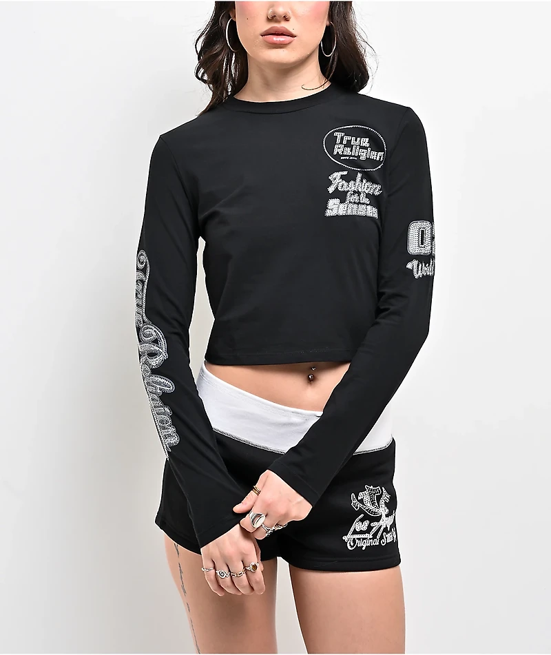 True Religion Crystal Sporty Black Long Sleeve Crop T-Shirt