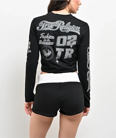 True Religion Crystal Sporty Black Long Sleeve Crop T-Shirt