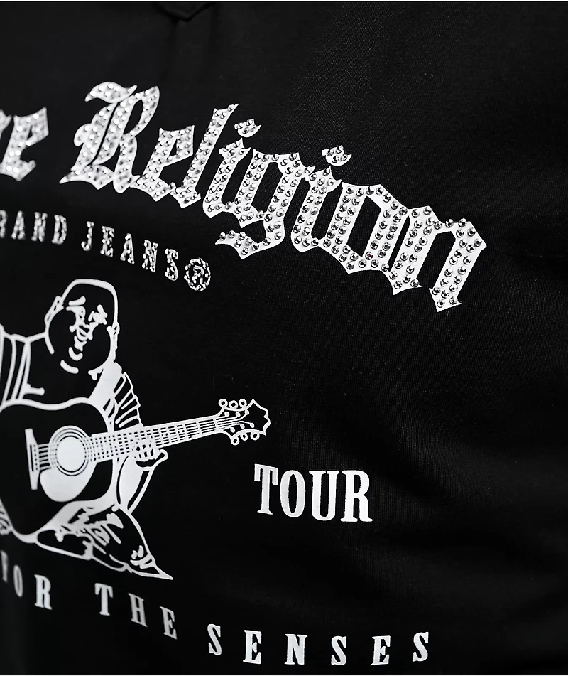 True Religion Crystal V Notch Black & White Raglan Long Sleeve Crop T-Shirt