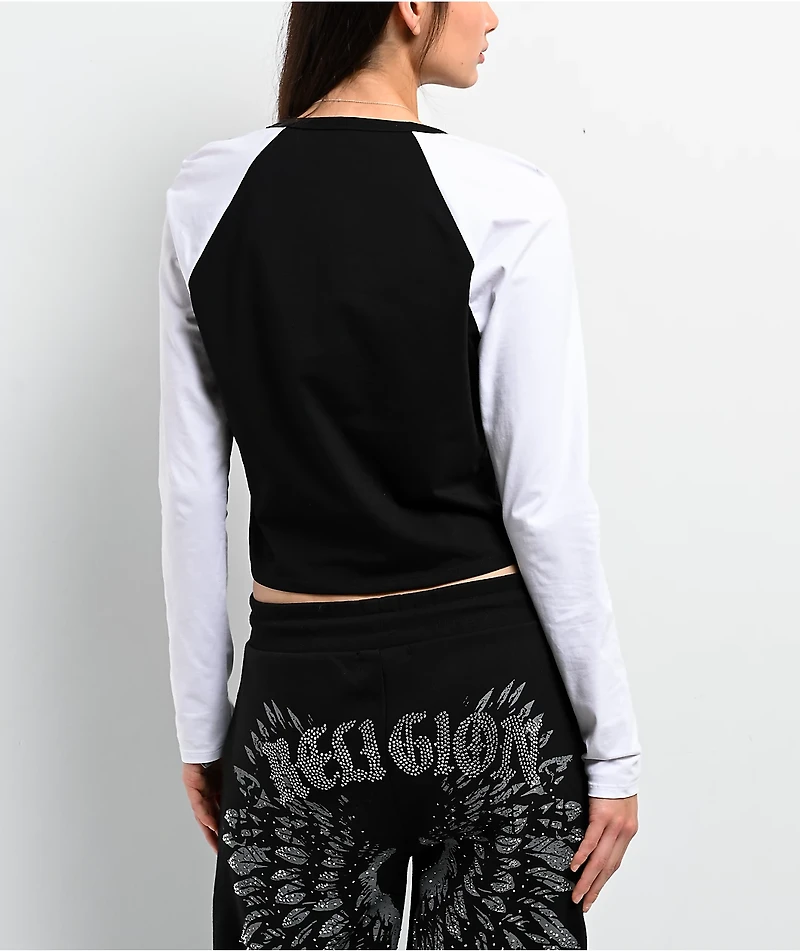 True Religion Crystal V Notch Black & White Raglan Long Sleeve Crop T-Shirt