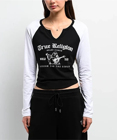 True Religion Crystal V Notch Black & White Raglan Long Sleeve Crop T-Shirt