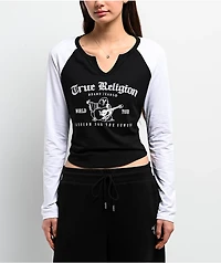 True Religion Crystal V Notch Black & White Raglan Long Sleeve Crop T-Shirt