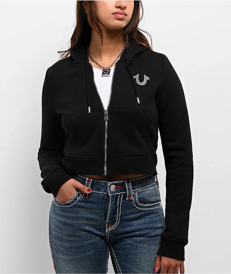 True Religion Crystal Wing Black Shrunken Zip Hoodie