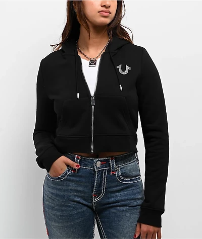 True Religion Crystal Wing Black Shrunken Zip Hoodie