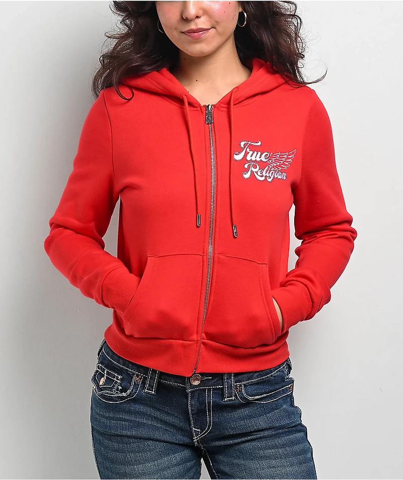 True Religion Crystal Wing Red Zip Hoodie