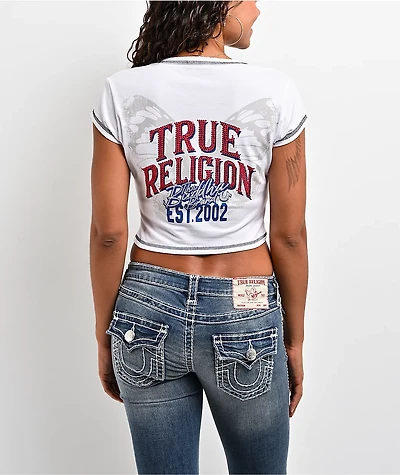 True Religion Crystal Wing Ribbed V Notch White Crop T-Shirt