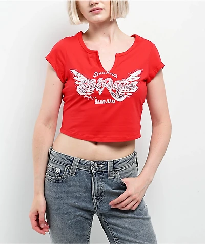True Religion Crystal Wing Scarlet Notch Crop T-Shirt