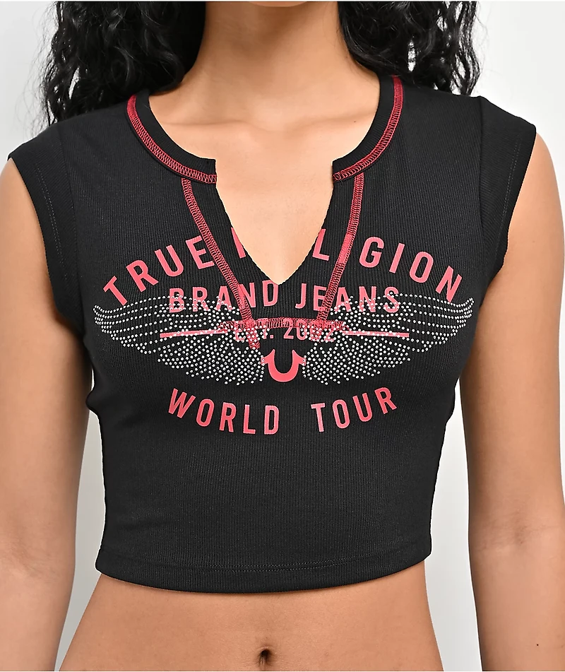 True Religion Crystal Wing V Notch Black Crop T-Shirt