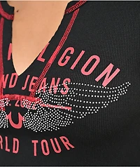 True Religion Crystal Wing V Notch Black Crop T-Shirt