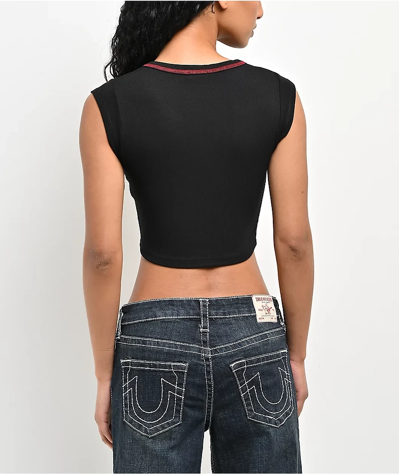 True Religion Crystal Wing V Notch Black Crop T-Shirt