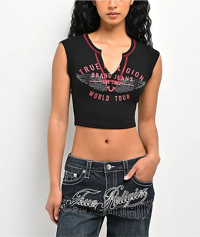 True Religion Crystal Wing V Notch Black Crop T-Shirt