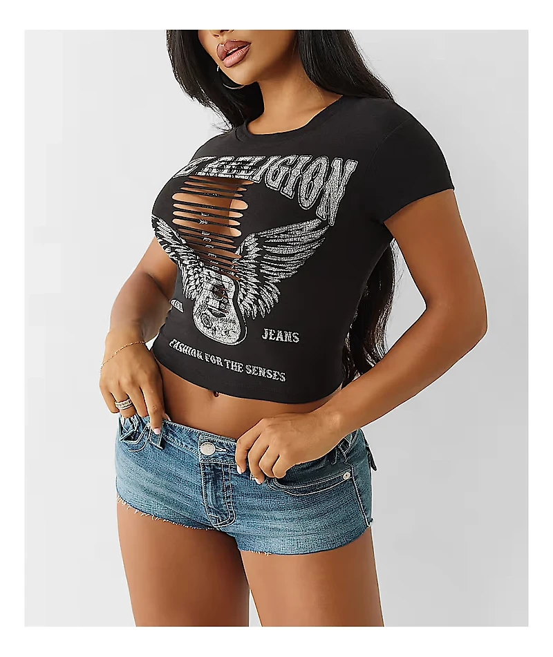 True Religion Distressed Black Cap Sleeve Crop T-Shirt