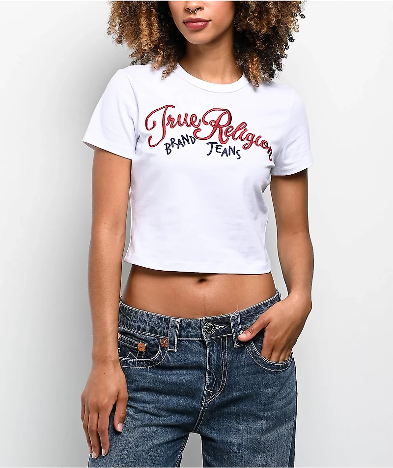True Religion Embroidered Logo White Crop T-Shirt