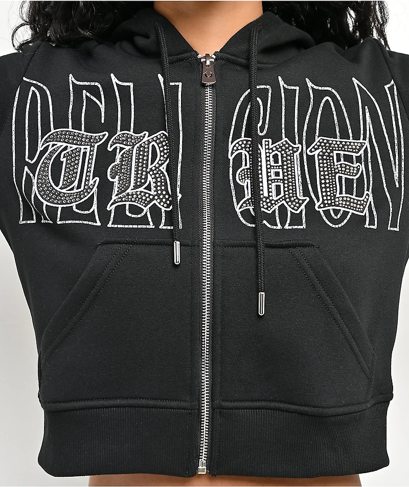 True Religion Embroidered Shrunken Black Crop Zip Hoodie