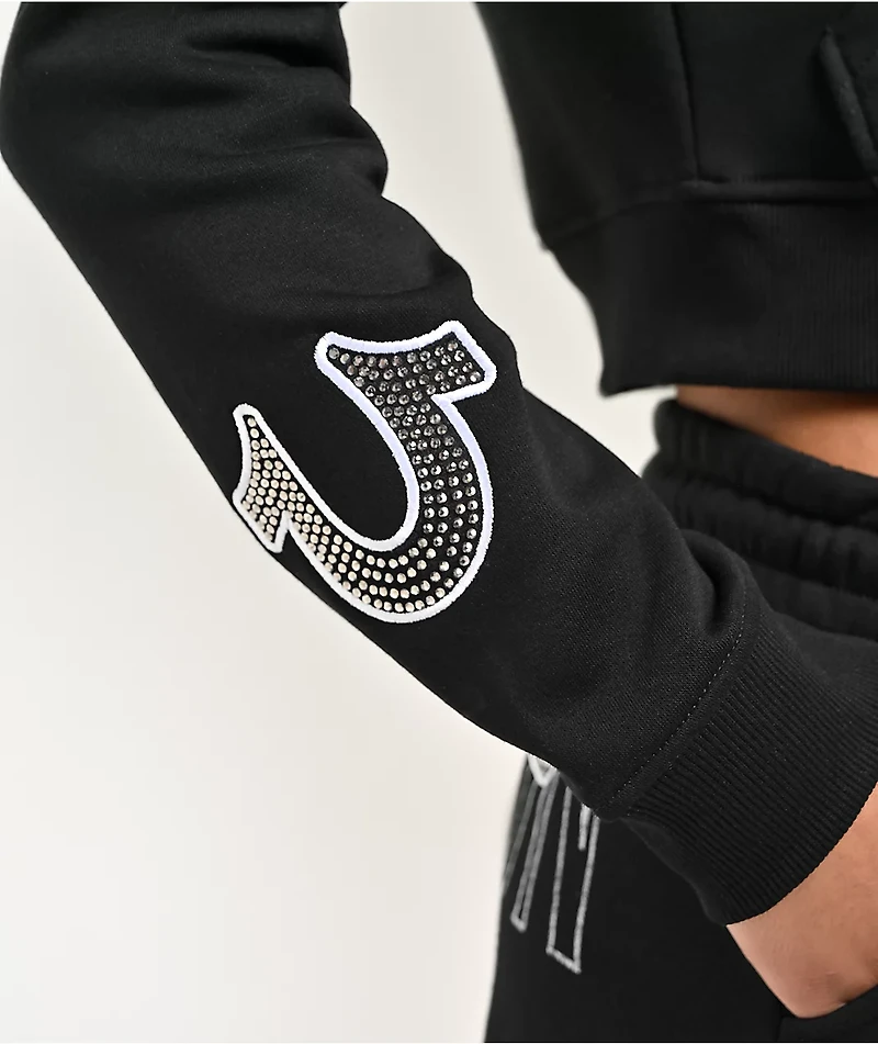 True Religion Embroidered Shrunken Black Crop Zip Hoodie