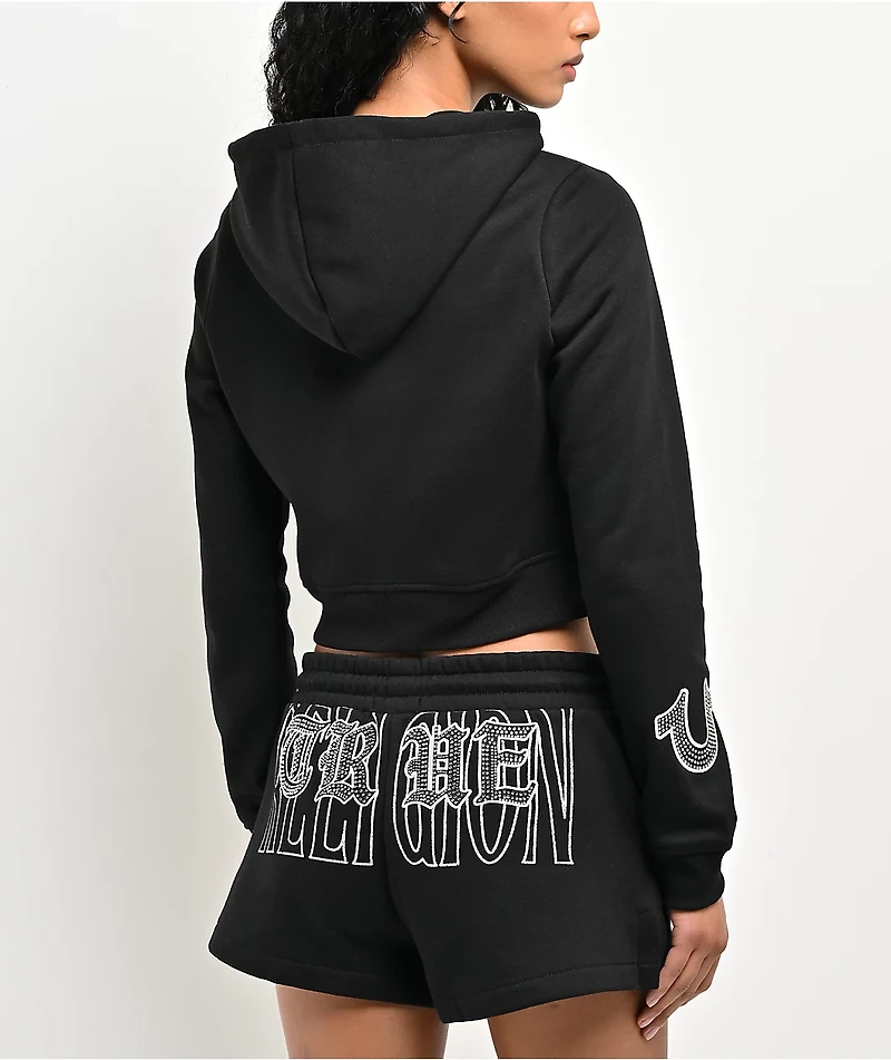 True Religion Embroidered Shrunken Black Crop Zip Hoodie