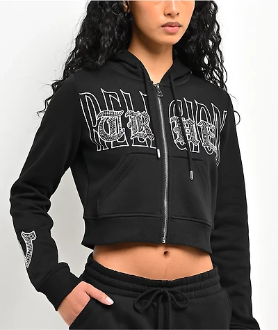True Religion Embroidered Shrunken Black Crop Zip Hoodie