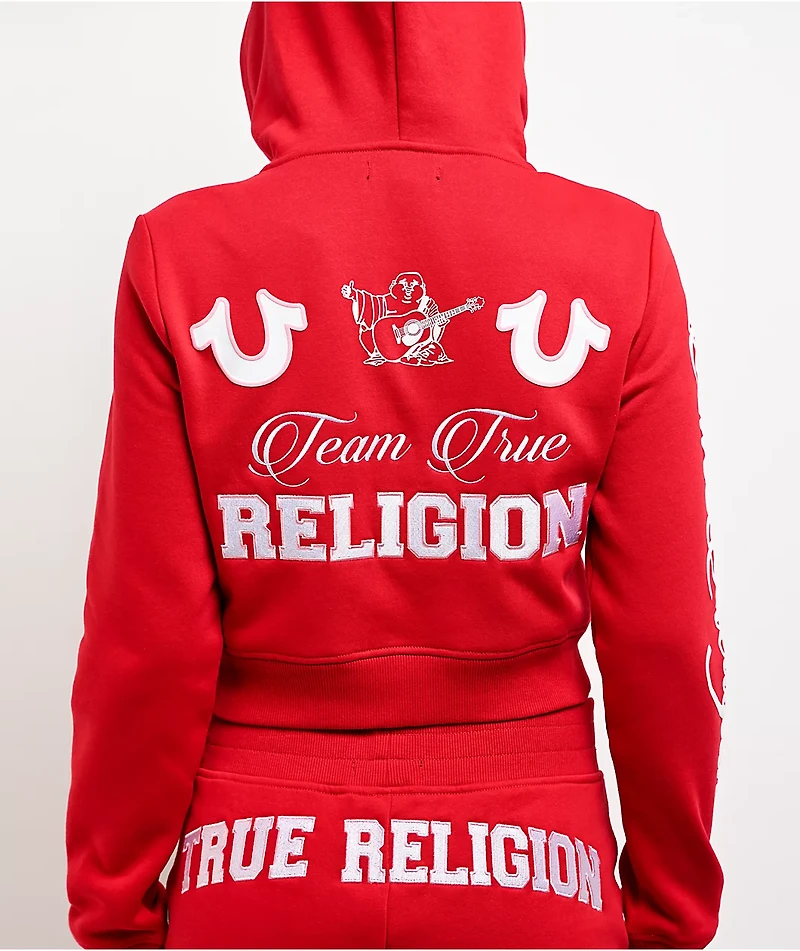 True Religion Embroidered Shrunken Red Crop Zip Hoodie