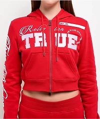 True Religion Embroidered Shrunken Red Crop Zip Hoodie