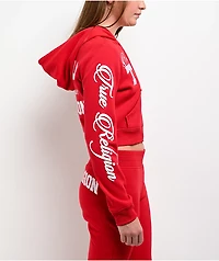 True Religion Embroidered Shrunken Red Crop Zip Hoodie