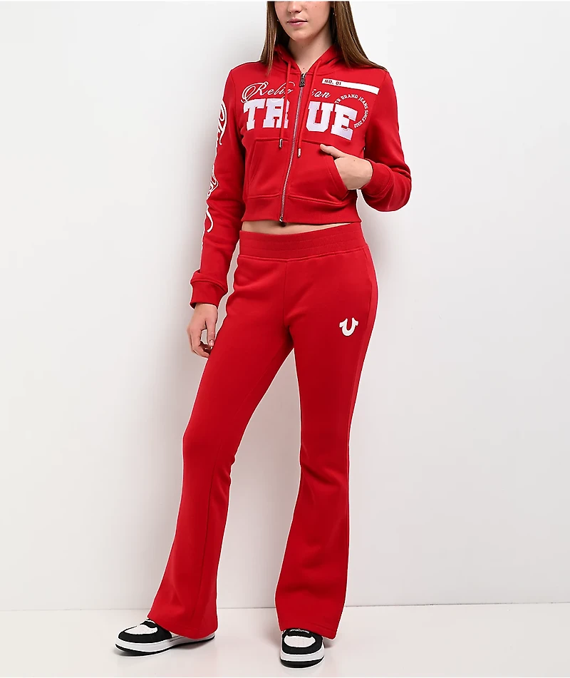 True Religion Embroidered Shrunken Red Crop Zip Hoodie