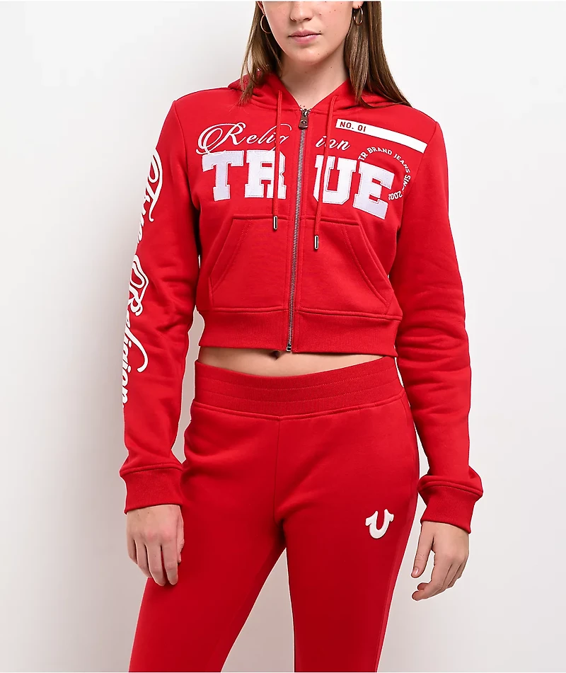 True Religion Embroidered Shrunken Red Crop Zip Hoodie