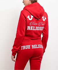 True Religion Embroidered Shrunken Red Crop Zip Hoodie