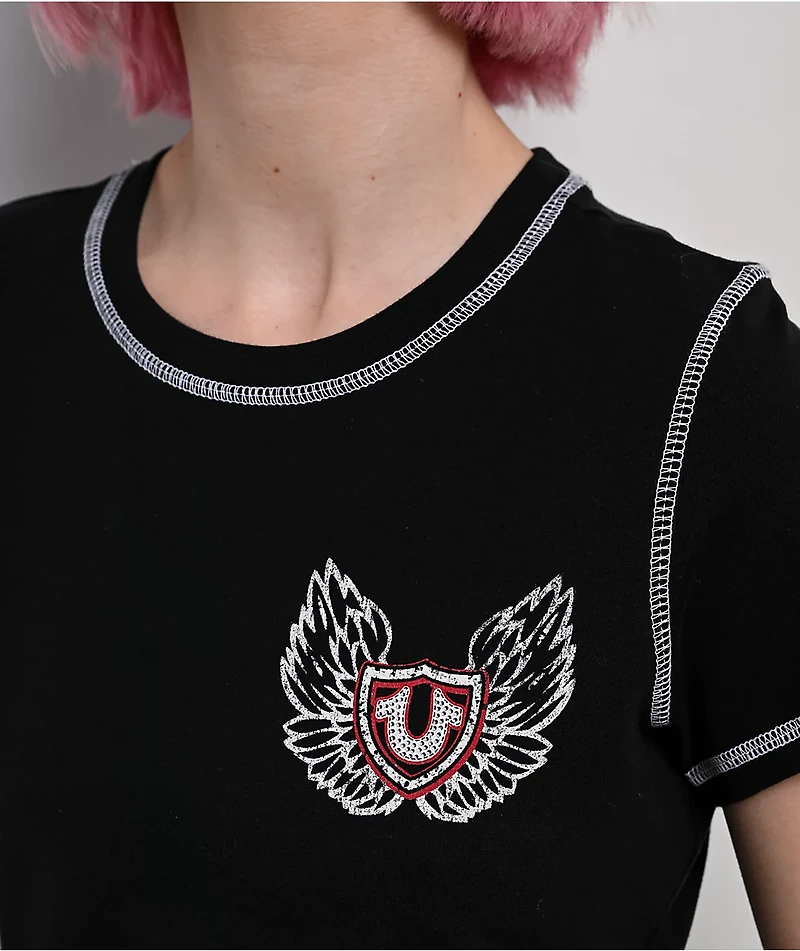 True Religion Flatlock Winged Crystal Logo Black Crop T-Shirt