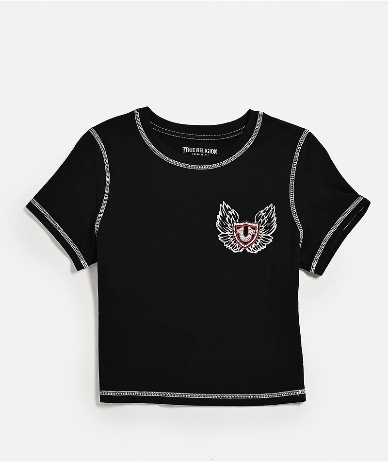 True Religion Flatlock Winged Crystal Logo Black Crop T-Shirt