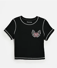 True Religion Flatlock Winged Crystal Logo Black Crop T-Shirt