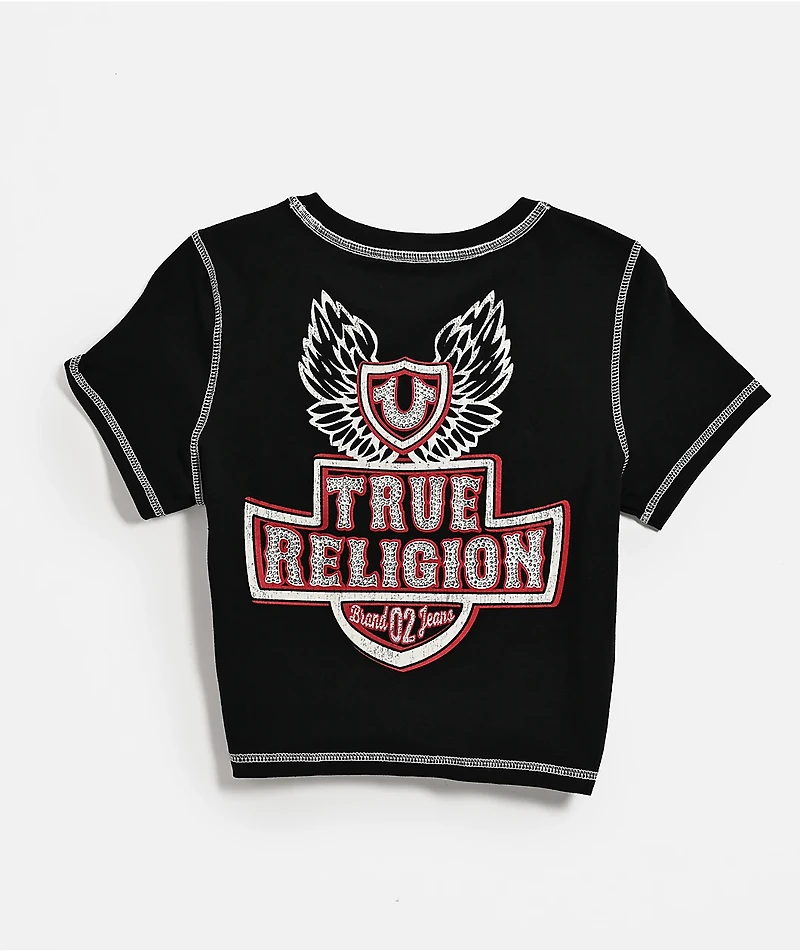 True Religion Flatlock Winged Crystal Logo Black Crop T-Shirt