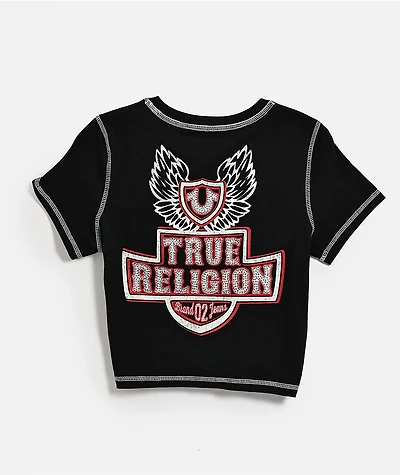 True Religion Flatlock Winged Crystal Logo Black Crop T-Shirt