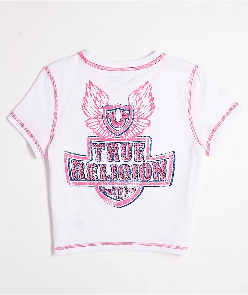 True Religion Flatlock Winged Crystal Logo White Crop T-Shirt