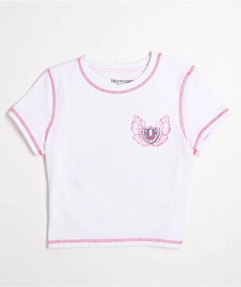True Religion Flatlock Winged Crystal Logo White Crop T-Shirt