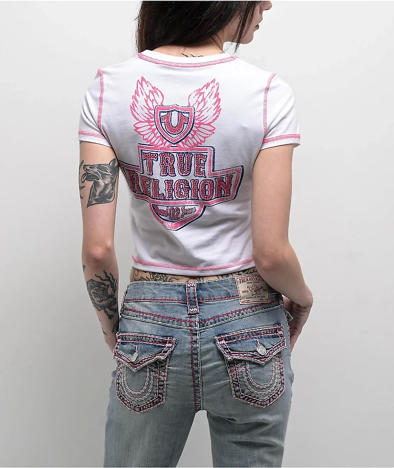 True Religion Flatlock Winged Crystal Logo White Crop T-Shirt