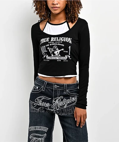 True Religion Heritage Black & White Layered Long Sleeve Crop T-Shirt