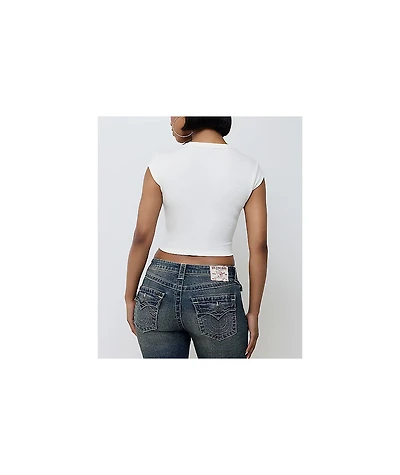 True Religion Heritage Ribbed V Notch Beige Crop T-Shirt