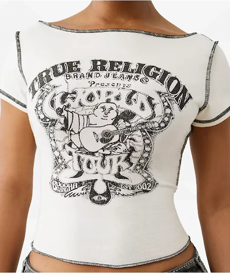 True Religion Heritage White Slash Neck Crop T-Shirt