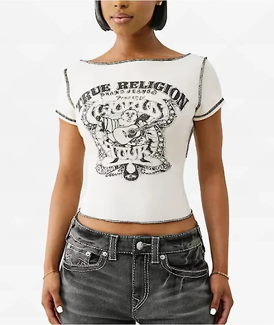 True Religion Heritage White Slash Neck Crop T-Shirt