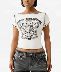 True Religion Heritage White Slash Neck Crop T-Shirt