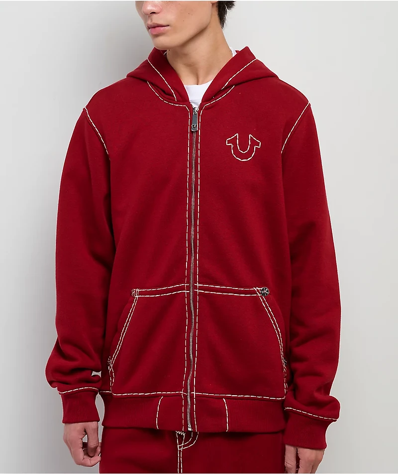 True Religion Horseshoe Embroidered Red Zip Hoodie