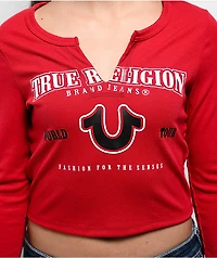 True Religion Horseshoe Logo Rib Rio Red Long Sleeve Crop T-Shirt