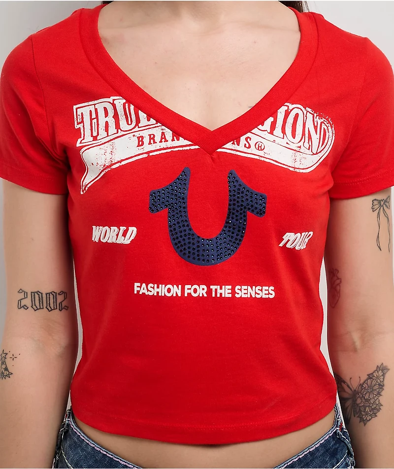 True Religion Horseshoe V-Neck Scarlet Crop T-Shirt
