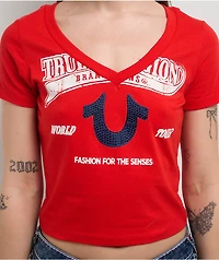 True Religion Horseshoe V-Neck Scarlet Crop T-Shirt