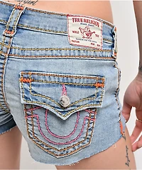 True Religion Joey Super T Flap Low Rise Light Blue Wash Shorts