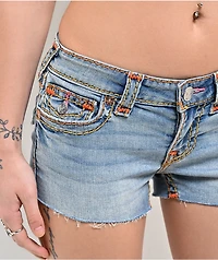 True Religion Joey Super T Flap Low Rise Light Blue Wash Shorts