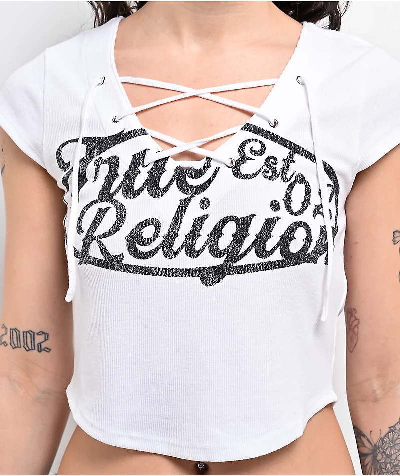 True Religion Lace Up White Crop T-Shirt