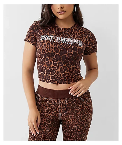 True Religion Leopard Crystal Logo Crop T-Shirt
