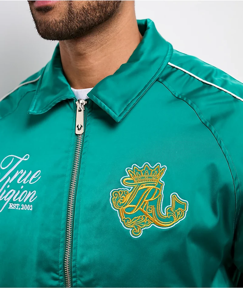 True Religion Logo Crest Satin Oak Leaf Green Bomber Jacket